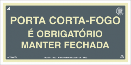 Placa / Sinalização - Referência S30-V1 - Orientação e Salvamento - Porta corta-fogo é obrigatório manter fechada
