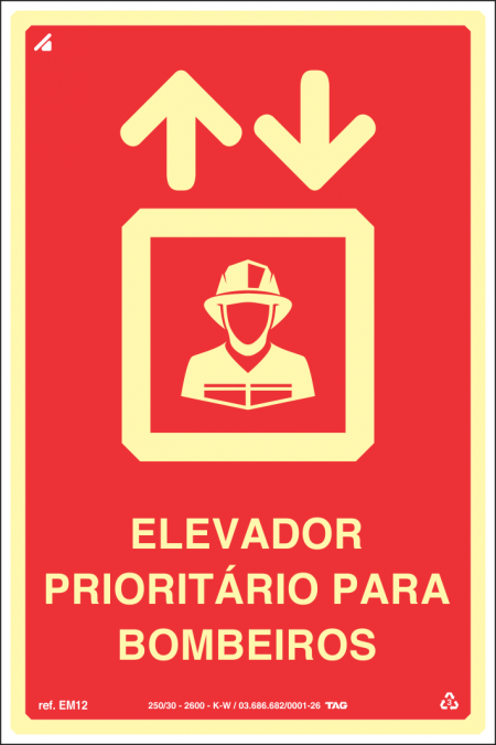 Placa / Sinalização - Referência EM12 - Equipamentos de Emergência - Elevador Prioritário Para Bombeiros
